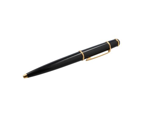   CARTIER Kugelschreiber "DIABOLO DORE",  NP.: 375,-€.  Schwarzer Korpus mit vergoldeten Details, Saphir Cabochon. Gebrauchss