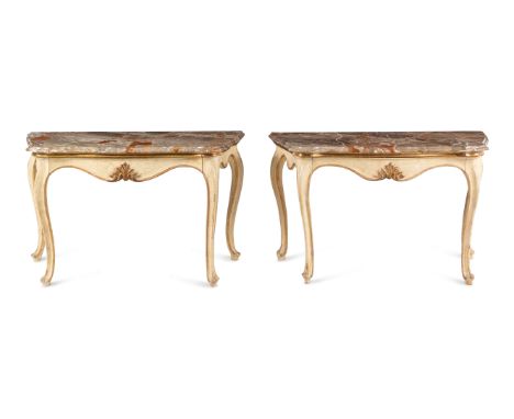 A Pair of Italian Painted and Parcel-Gilt Marble-Top Console TablesFirst Half 19th Century Height 33 x width 53 1/2 x depth 2