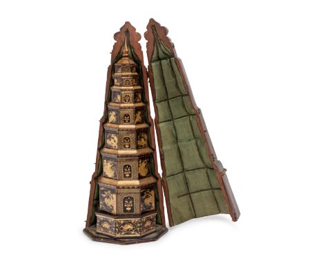 A Chinese Export Black and Gilt Lacquer Pagoda-Form Stacking ContainerCirca 1790comprised of seven separate boxes, with origi