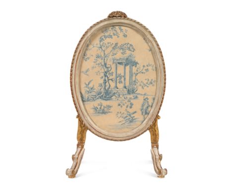 A Northern European White-Painted and Parcel-Gilt Oval Firescreen&nbsp;Late 18th Centurywith later inset toile de Jouy wallpa