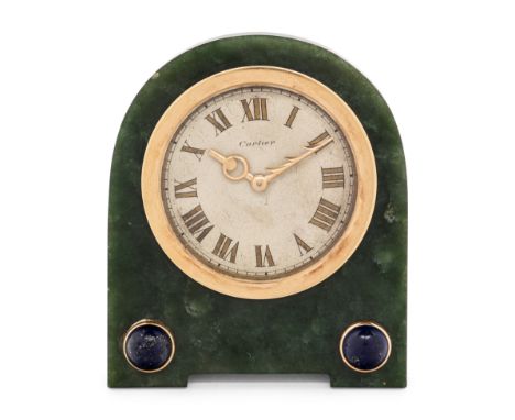 A Cartier Yellow Gold, Lapis Lazuli and Jade-Cased Desk ClockSecond Half 20th Centurythe Roman Numeral dial signed 'Cartier',