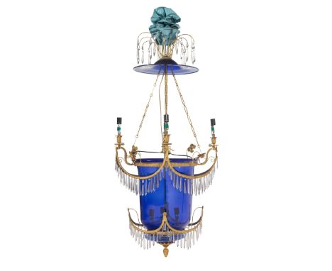 A Russian Gilt Metal, Cobalt and Colorless Glass Four-Light Hall LanternLate 18th/Early 19th CenturyHeight 47 x diameter 22 i