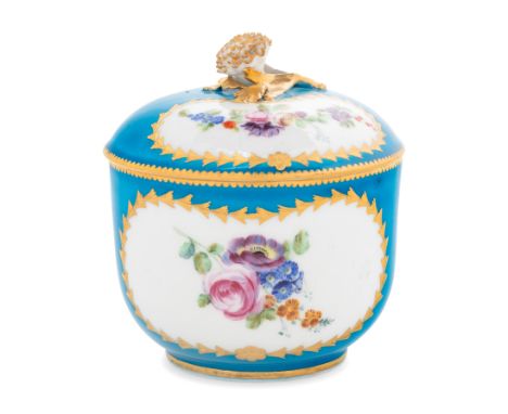 A Vincennes Bleu Celeste Porcelain&nbsp;Sugar Bowl and Cover (Pot&nbsp;a Sucre et son Couvercle)Circa 1755bearing blue interl