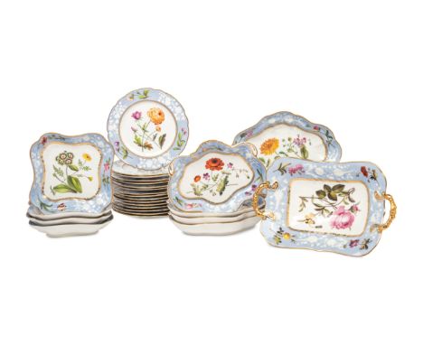 A Spode Pale Blue-Ground Botanical Porcelain Dessert Service19th Centurypattern 2329, comprising:16 dessert plates4 square di