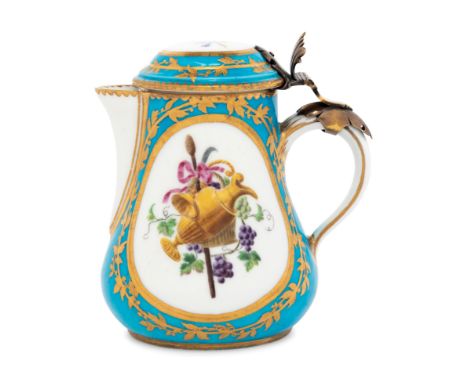 A Sevres Silver-Gilt Mounted Bleu Celeste Porcelain Hot Milk Jug and Cover (Pot a Lait 'Duvaux')Circa 1763bearing blue interl