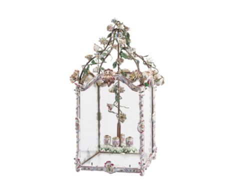 A French Gilt Metal, Porcelain and TÃ´le Four-Light LanternLate 19th CenturyHeight 27 1/2 x width 13 x depth 13 inches.This l