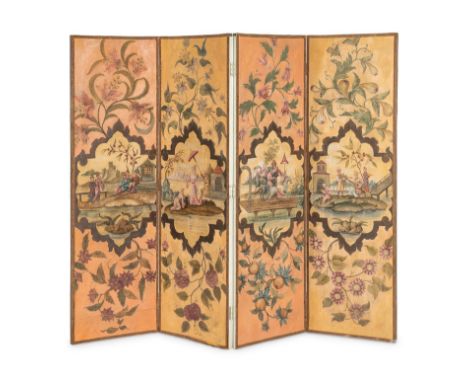 A Polychrome Decorated Four-Panel Screen20th Centuryof Indian style.Height 65 1/4 x width of each panel 20 inches.Condition r