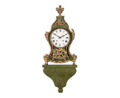 A Louis XV Gilt Metal Mounted Green-Painted Bracket Clock and BracketCirca 1745, the Bracket ModernHeight of clock 31 x width