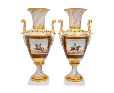 A Pair of Continental Faux Marble, Yellow and Chocolate Brown-Ground Porcelain VasesLikely French, Circa 1815-1830each of shi