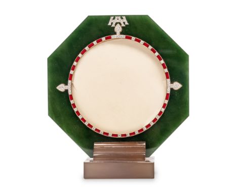 A Cartier Brown Agate, Green Jade, Yellow Gold, Enamel and Diamond Picture Framewith applied 'HA' monogram, the reverse stamp