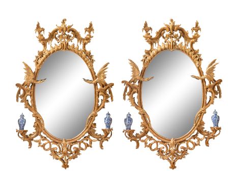 A Pair of George II Giltwood Mirrors&nbsp;After a Design by Thomas Johnson, Circa 1765together with four Chinese blue and whi