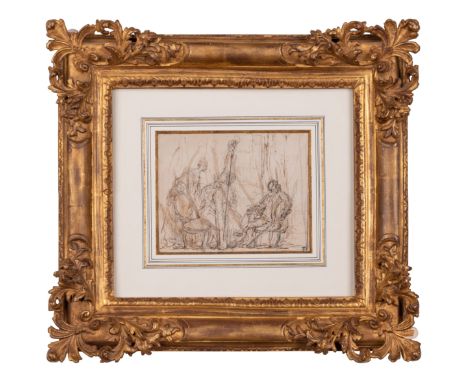 Gabriel-Jacques de Saint-Aubin (French, 1724-1780)La le'con de harpebrown ink and wash over black chalk7 3/8 x 5 7/8 inches (