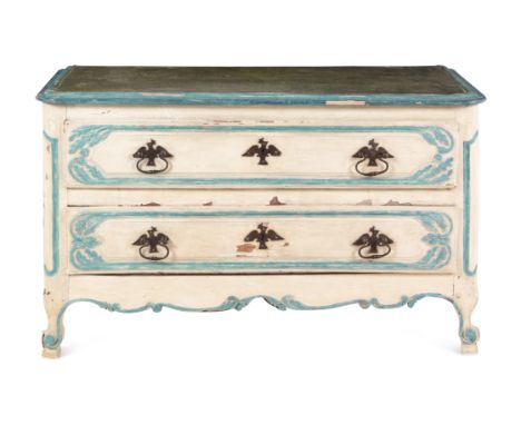 A Louis XV Provincial Blue and Cream-Painted CommodeMid-18th CenturyHeight 32 3/4 x width 57 x depth 23 3/4 inches.This lot i
