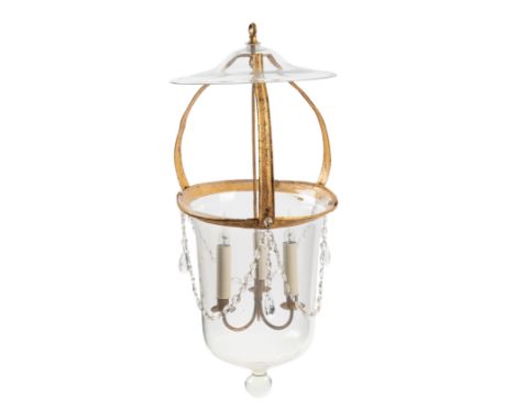 A Regency Style Gilt Metal and Glass Three-Light Lantern20th CenturyHeight 28 1/2 x diameter 12 1/2 inches.This lot is locate