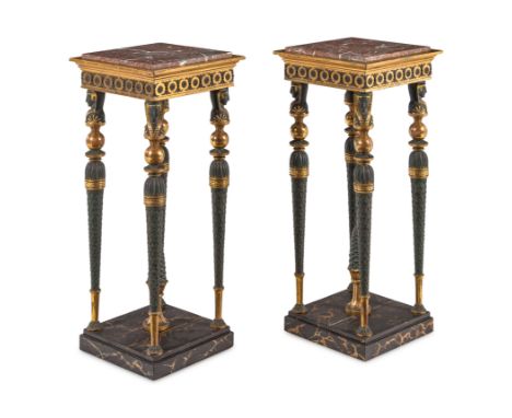 A Pair of Baltic Patinated Metal Mounted Painted and Parcel-Gilt Marble-Top PedestalsFirst Quarter 19th Centurywith faux marb