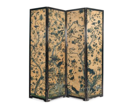 A Chinese Export Blue and White Wallpaper Four-Panel ScreenLate 18th CenturyHeight 104 3/4 x width of each panel 24 3/4 inche