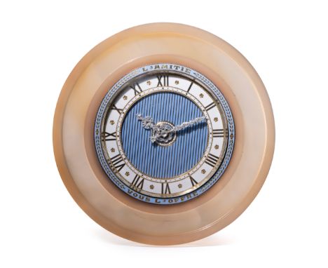 A Cartier Belle Epoque Yellow Gold, Diamond, Enamel and Agate Table ClockCirca 1915the dial inscribed 'L'amitie / Vous l'offr