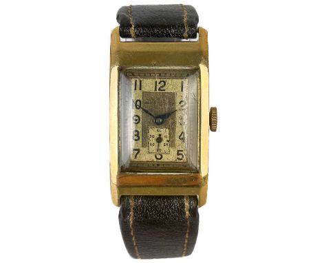 A 1930's 9ct cased Art Deco rectangular manual wind gentleman's wristwatch. The 17mm dial with Arabic numerals and subsidiary