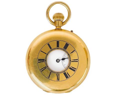 A good Victorian 18ct gold half hunter crown wind pocket watch by David Keys. The unsigned 44mm white enamel dial with subsid