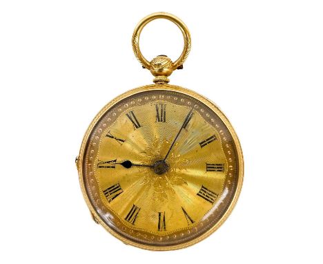 A Victorian 18ct gold lady's full hunter key wind pocket watch by J. W. Benson.  The gilt engine turned dial with black Roman
