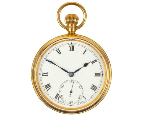 A 9ct rose gold open face crown wind pocket watch. The 42mm white enamel dial with black Roman numerals and subsidiary second