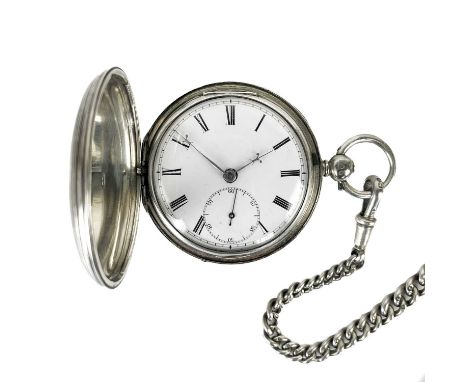 A Victorian silver cased full hunter key wind pocket watch with Albert watch chain. The 40mm white enamel dial with Roman num