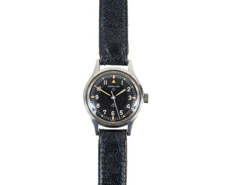 A Hamilton 1960's military issue manual wind stainless steel wristwatch. The black dial with Arabic numerals, luminous marker