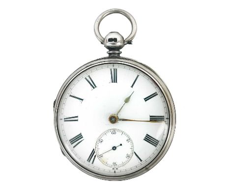 A Victorian silver open face key wind verge pocket watch. 40mm white enamel dial, the plate movement signed J Johnson Torquay