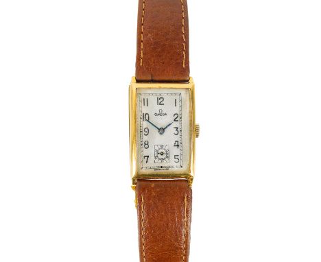 A rare Omega 1930's 18ct gold cased Tank T17 gentleman's manual wind wristwatch. The signed 20mm silvered dial with black Ara