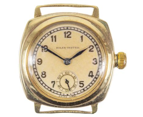 ROLEX OYSTER - A 1930's 9ct gold cushion cased gentleman's manual wind wristwatch. The signed 23mm cream dial with gilt Arabi
