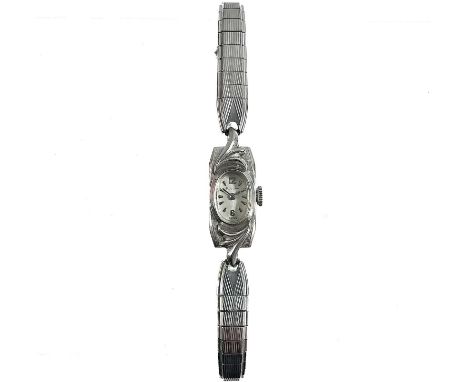 A 1960's Bulova 14ct white gold cased lady's manual wind bracelet cocktail wristwatch. With signed 8mm rectangular dial, 17 j