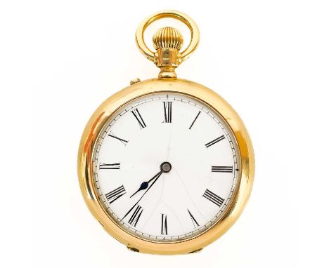 An 18ct gold open face crown wind fob pocket watch in a silver mounted travel case. The unsigned 30mm white enamel dial with 