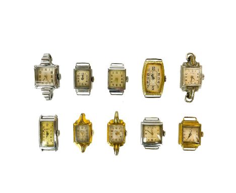 Ten Lady's rectangular watches.  All manual wind in base metal cases.All but three seem to be working, some cases worn