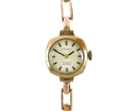 A 1970's 9ct gold Everite Incabloc lady's manual wind bracelet wristwatch.  With signed 15mm silvered dial, 17 jewel movement