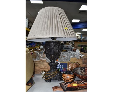 A BOX AND LOOSE MIXED GLASSWARE, SAFARI THEMED TABLEWARE AND A LAMP to include three teal stemmed champagne coupe, seven Autr