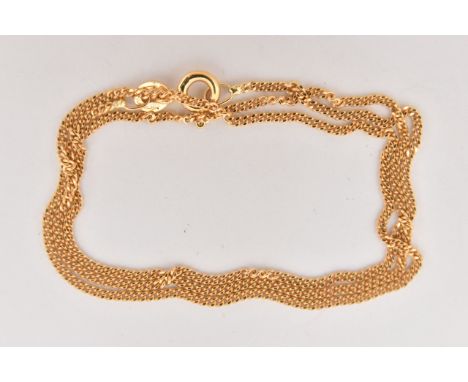 AN 18CT GOLD CHAIN NECKLACE, a yellow gold fine curb link chain, fitted with a spring clasp, approximate length 400mm, hallma