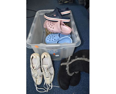 ONE BOX OF 'CROC' SHOES, comprising six pairs of 'Crocs', five size 6, one pair size 8, in navy blue, pale blue, pink and thr