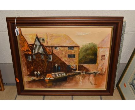 PETER WALE (BRITISH 20TH CENTURY) THREE BOAT THEMED PICTURES, comprising  an oil on canvas depicting a narrowboat moored besi
