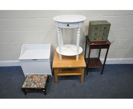 A MODERN OAK SIDE TABLE, 55cm squared x height 45cm, a stool, a storage stool, a white painted lamp table, with a single draw