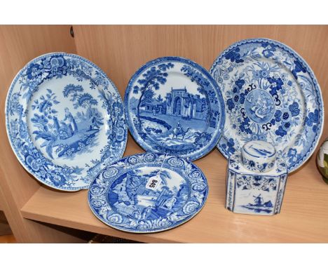 A GROUP OF NINETEENTH CENTURY BLUE AND WHITE CERAMICS to include a Rogers plate depicting a 'Gate Leading to a Musjed Atchuna