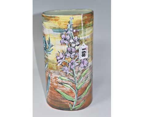 A LISA KATZENSTEIN (BRITISH, CONTEMPRORARY) MAJOLICA TAPERING VASE with a tinned glaze and thistle and floral pattern, height
