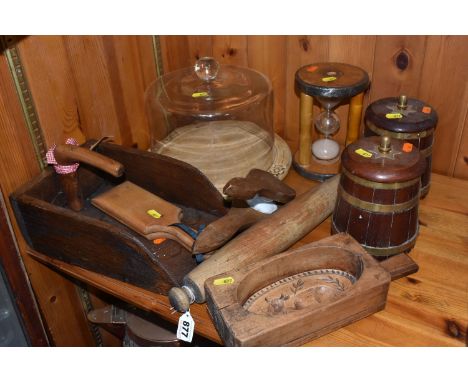 A COLLECTION OF LATE 19TH/EARLY 20TH CENTURY WOODEN KITCHENALIA, comprising a large rolling pin, length 41cm, a French butter