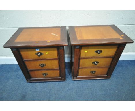 AND SO TO BED, A PAIR OF MODEL PALAIS WALNUT AND CHERRY VENEER THREE DRAWER BEDSIDE CHESTS, width 59cm x depth 41cm x height 