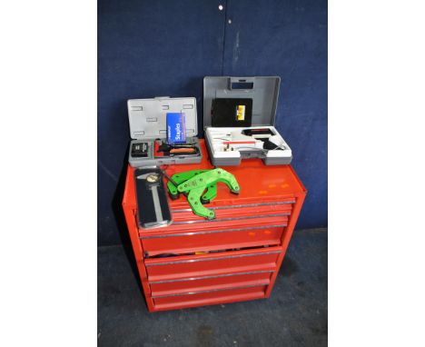 A MECHANICS SIX DRAWER TOOL CHEST, width 56cm, depth 34cm, height 71cm containing tools including clamps, a Weller soldering 