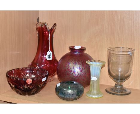 SIX PIECES OF GLASSWARE, comprising a Chribska pink and clear lobed vase, bearing partial foil label, height 24cm, a green an