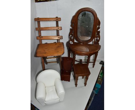 FIVE PIECES OF SAMPLE/MINIATURE FURNITURE to include  a miniature dressing table with mirror with an oval mirror with acanthu