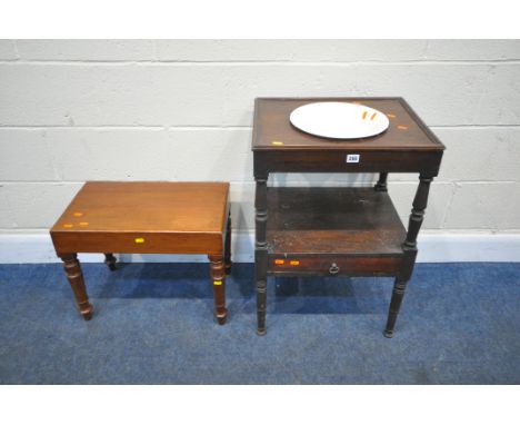 A MAHOGANY TWO TIER WASHSTAND, with a ceramic bowl insert, and a single drawer, width 51cm x depth 41cm x height 75cm, along 