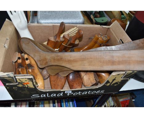 SIX PAIRS OF WOODEN COBBLERS SHOE FORMS ETC, together with a single child's shoe form, wooden stocking / sock stretchers, woo