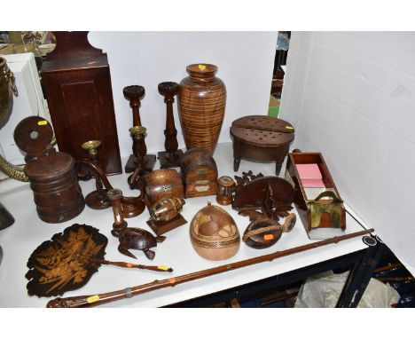 A QUANTITY OF TREEN to include two pairs of candlesticks, a wooden handheld face fan with a fern pattern, a carved turtle, a 