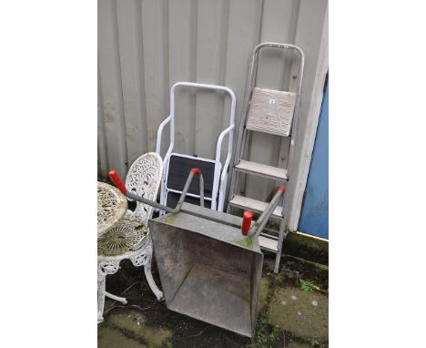 AN ALUMINIUM STEP LADDER, a two step ladder, a galvanised wheelbarrow, and a stained beech garden bench, condition report: pa